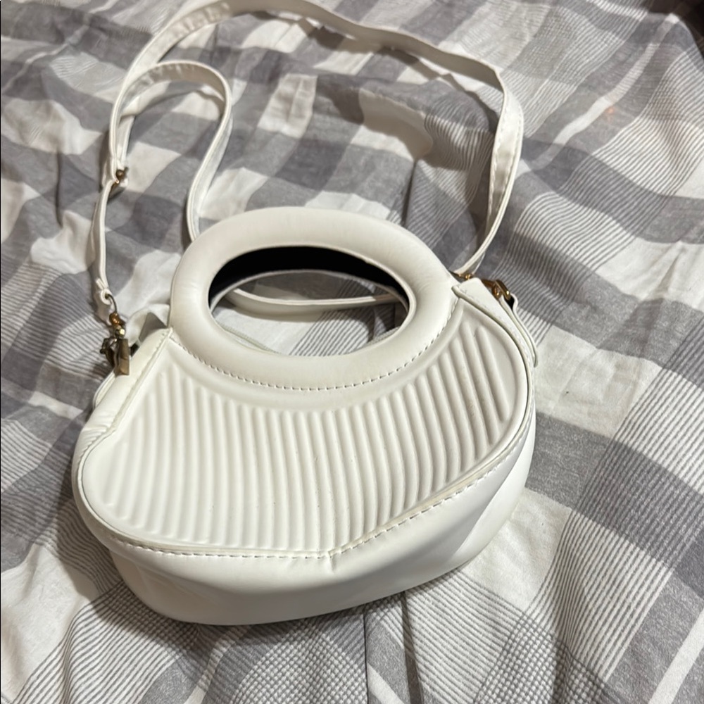 White Crossbody Bag with Ribbed Detailing and Crescent Shape